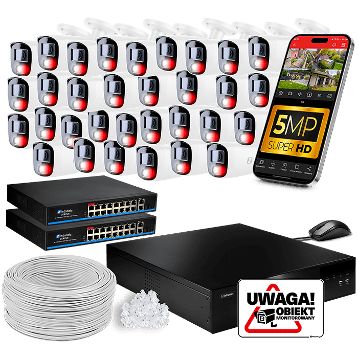 IP POE CCTV Camera System B5: 32x 5MP Cameras Audio, Dual Light